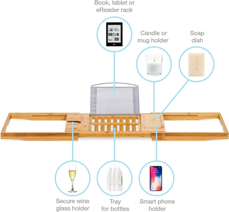 Woodluv Premium Bamboo Bath Tray Caddy with Extendable Arms and Versatile Features