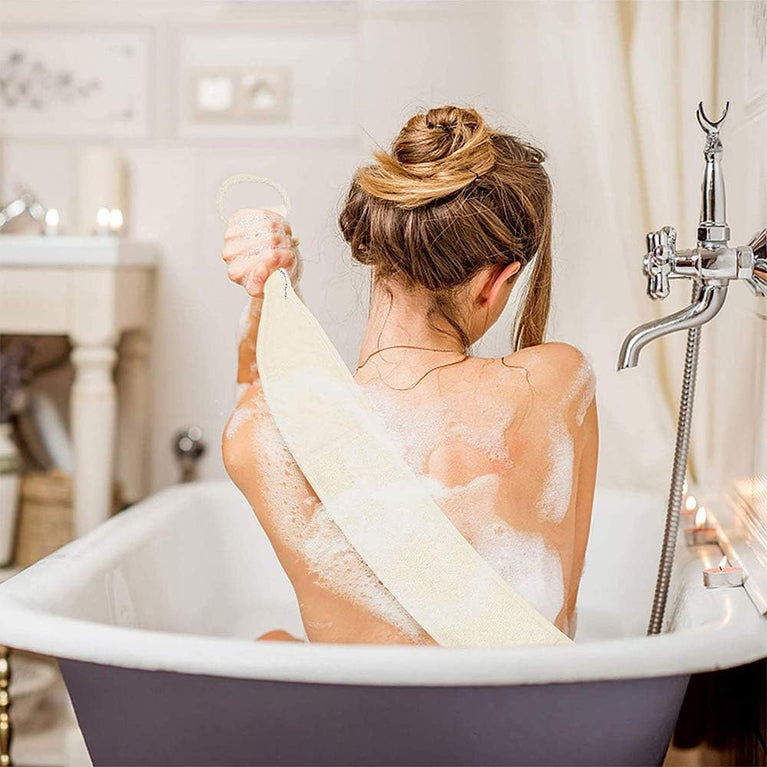 Exfoliating Back Scrubber Set with Natural Luffa and Long Wooden Handle for Shower and Bath Spa
