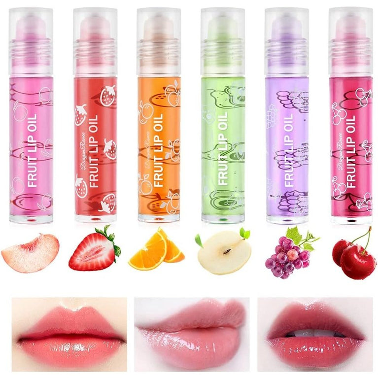 AOOWU 6-Piece Fruit-Flavored Lip Oil Kit - Hydrating, Long-Lasting Plumping Gloss with Roll-On Design (Peach, Orange, Avocado, Strawberry, Grape, Cherry)