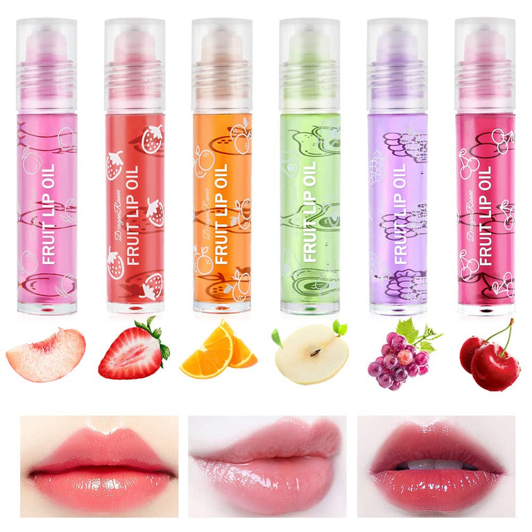 AOOWU 6-Piece Fruit-Flavored Lip Oil Kit - Hydrating, Long-Lasting Plumping Gloss with Roll-On Design (Peach, Orange, Avocado, Strawberry, Grape, Cherry)