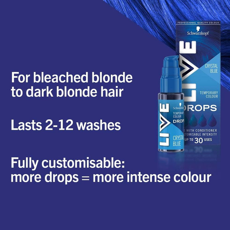 Schwarzkopf LIVE Colour Drops, Vegan, Semi-permanent, Blue Hair Dye, Lasts 2 to 12 Washes, Crystal Blue 30 ml