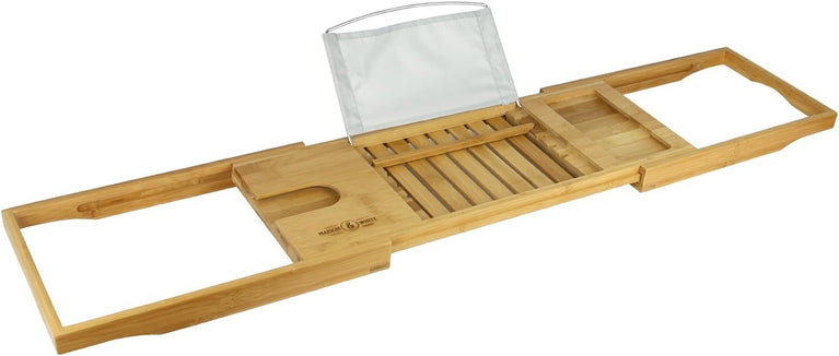 Luxury Extendable Bamboo Bath Caddy with Wine Glass and Tablet Holder