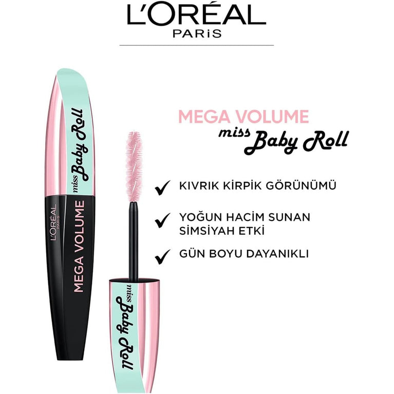 L'Oréal Instant Lash Lift Mega Volume Mascara, Black, 9.1 ml (Single Pack)