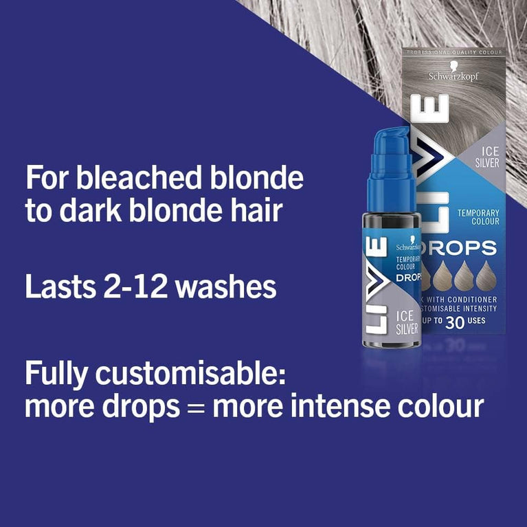 Live Schwarzkopf Colour Drops, Vegan, Semi-Permanent, Lasts 2 to 12 Washes, Ice Silver, 30 ml