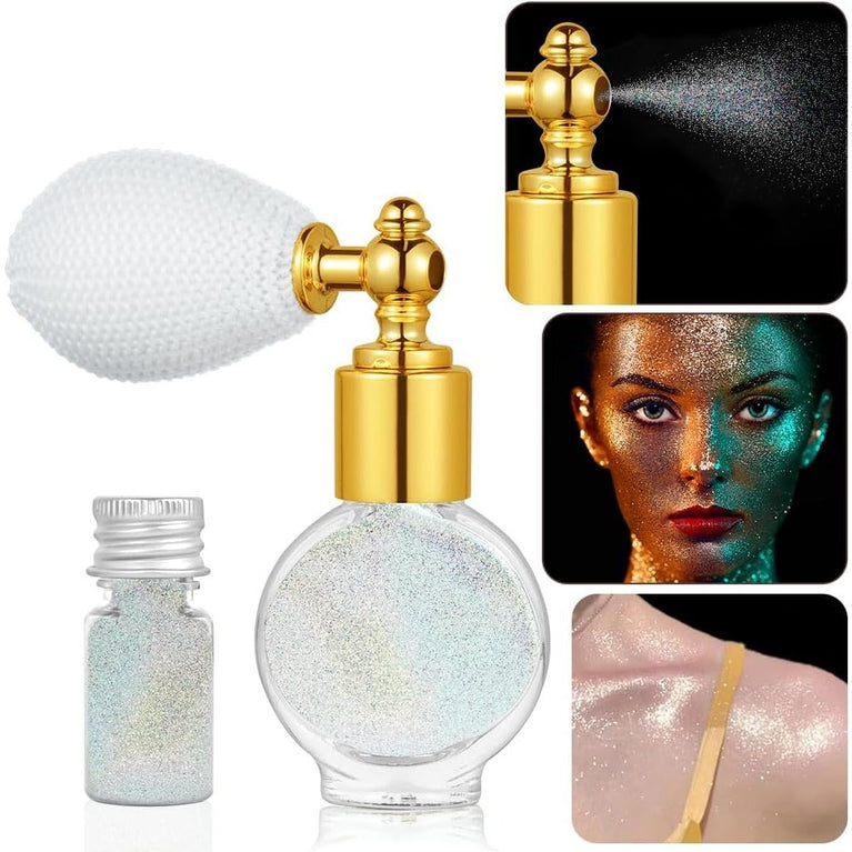 AOOWU Versatile Glitter Powder Spray, Sparkling Silver Body and Hair Highlighter, Compact Shimmer Makeup Spray for Body, Face, and Clothes