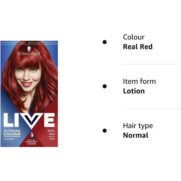 Schwarzkopf LIVE Real Red Hair Dye with Vibrancy Serum - Intense Permanent Color for Stunning Shine - 142.0 ml volume