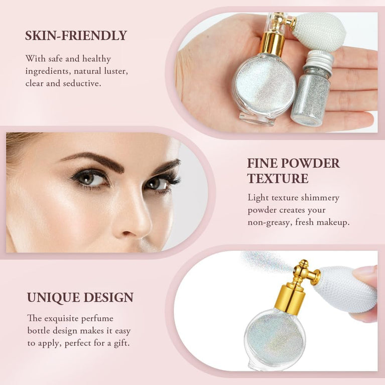 AOOWU Versatile Glitter Powder Spray, Sparkling Silver Body and Hair Highlighter, Compact Shimmer Makeup Spray for Body, Face, and Clothes