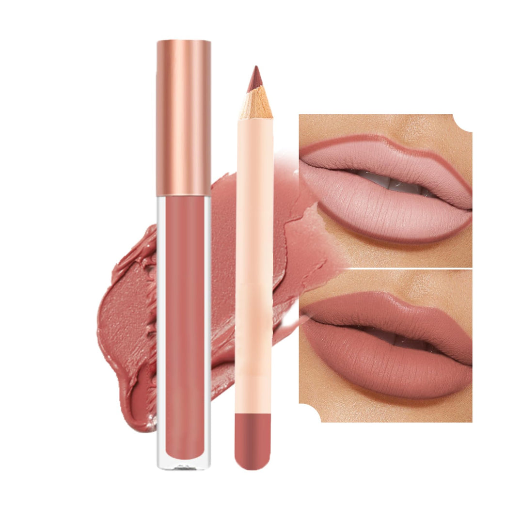 Volume-Enhancing Lipstick and Lip Liner Set - Waterproof, Long-Lasting Lip Stain in Nude Shade - Non-Sticky, Highly Pigmented Lip Makeup Kit for Everyday Use (07)