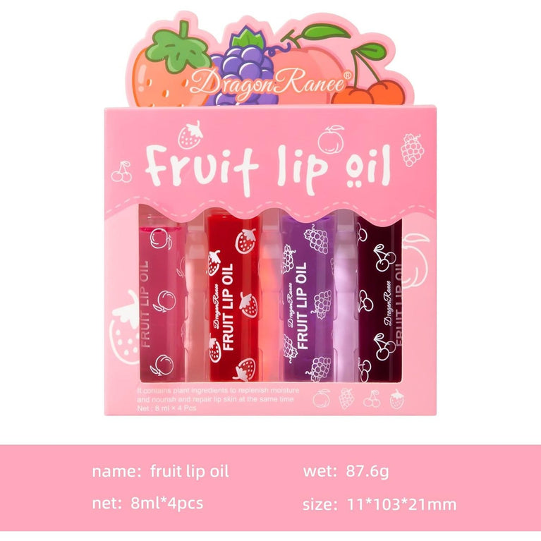 Greoer Deluxe Fruit-Flavored Lip Gloss Kit, 4-Piece Moisturizing Lip Balm Set with Roller Ball Lip Oil and Plumping Jelly Liquid Lipstick - Perfect Gift for Women and Girls