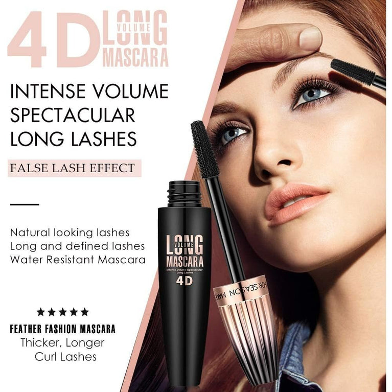 Voluminous 4D Silk Fiber Mascara - Waterproof, Longer & Thicker Lashes, Hypoallergenic, Easy Application & Removal, Smudge-Proof & Long-Lasting (Black)