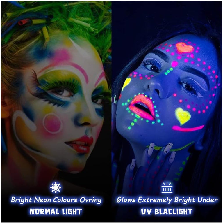 AOOWU 8-Color UV Reactive Face and Body Neon Paint Set with Palette and Brushes, Safe and Easy-to-Clean Glow-in-the-Dark Makeup Kit for Parties, Festivals and Halloween Events