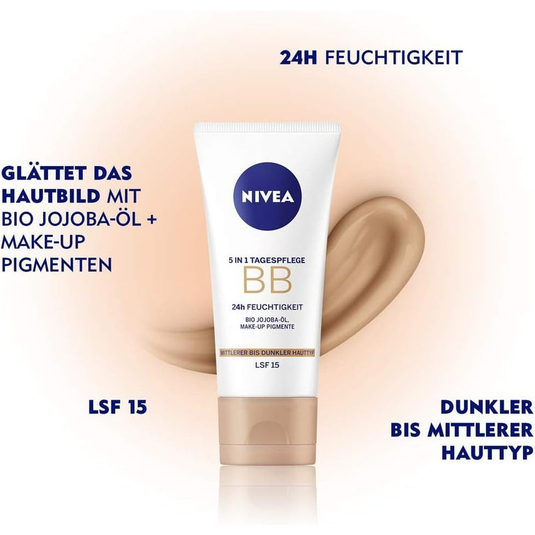 NIVEA 5-in-1 BB Day Cream with 24-Hour Hydration and SPF 15 Protection