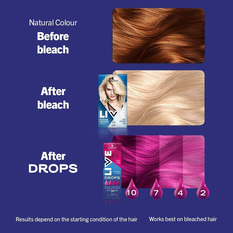 Live Schwarzkopf Colour Drops, Vegan, Semi-permanent, Pink Hair Dye, Lasts 2 to 12 Washes, Petal Pink, 30 ml