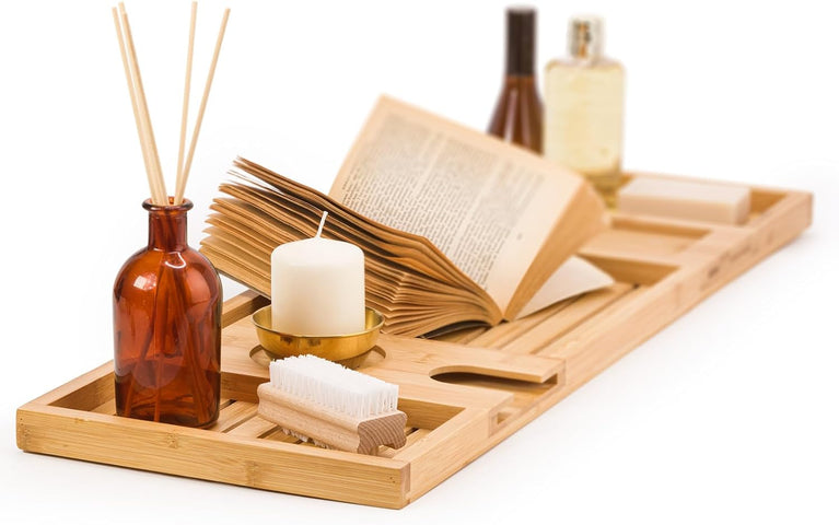 Luxury Bamboo Bath Caddy with Secure Slots for iPad, Kindle, Towel, and Wine Glass Holder
