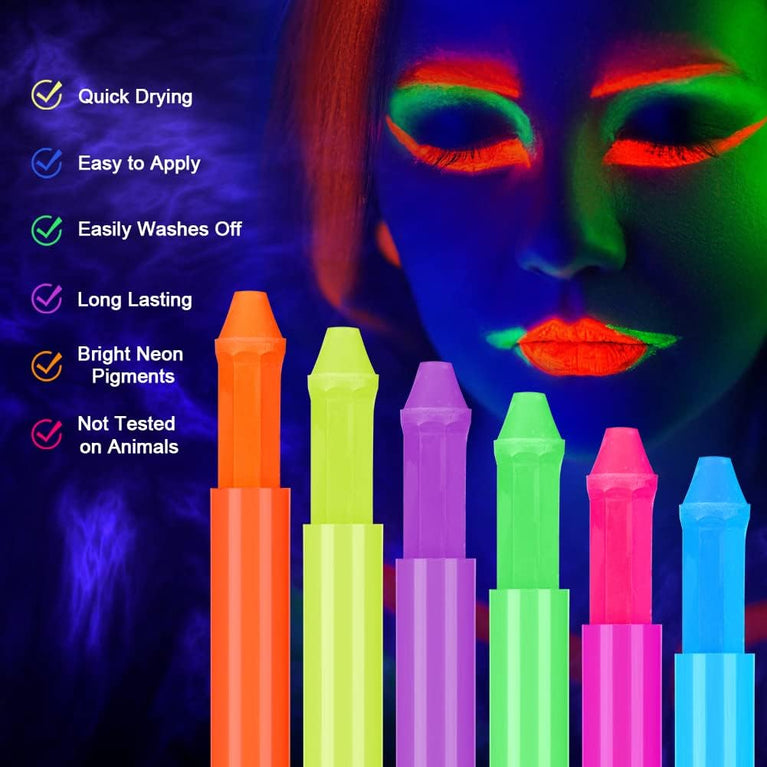 AOOWU Fluorescent Neon Face Paint Crayons Set, 6 Dazzling Colors, Easy-to-Use, Non-Toxic, Safe for Kids & Adults, Perfect for Halloween, Cosplay, Parties - Experience the Brightest Glow under UV Light!