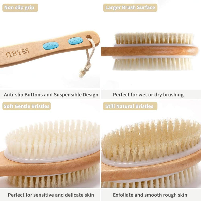 Ithyes Long Handle Shower Brush with Natural Bristles and Loofah Pad