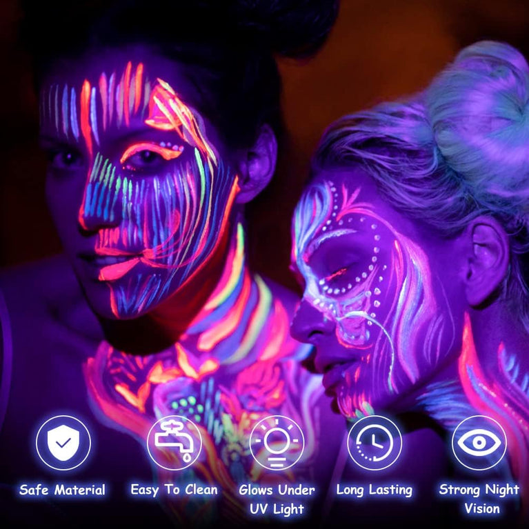 AOOWU 8-Color UV Reactive Face and Body Neon Paint Set with Palette and Brushes, Safe and Easy-to-Clean Glow-in-the-Dark Makeup Kit for Parties, Festivals and Halloween Events