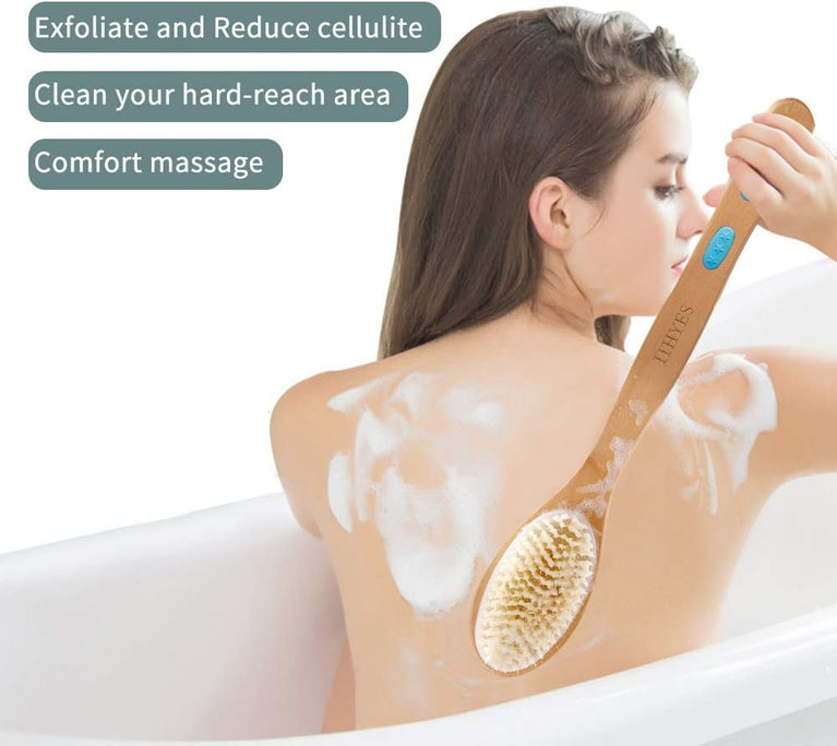 Ithyes Long Handle Shower Brush with Natural Bristles and Loofah Pad