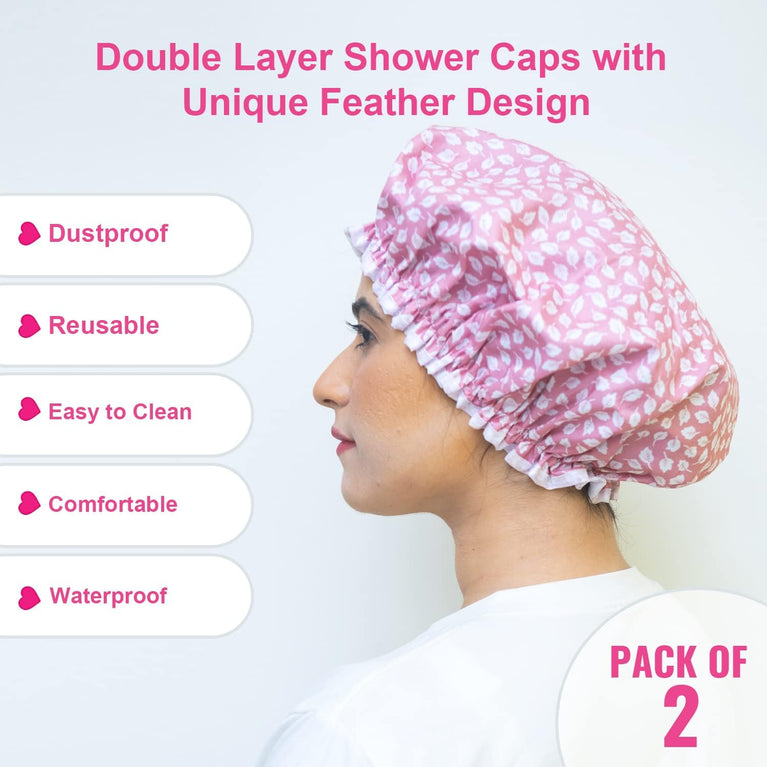 SARG Set of 2 Double Layer Shower Caps for Women with Feather Design