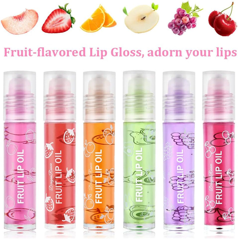 AOOWU 6-Piece Fruit-Flavored Lip Oil Kit - Hydrating, Long-Lasting Plumping Gloss with Roll-On Design (Peach, Orange, Avocado, Strawberry, Grape, Cherry)