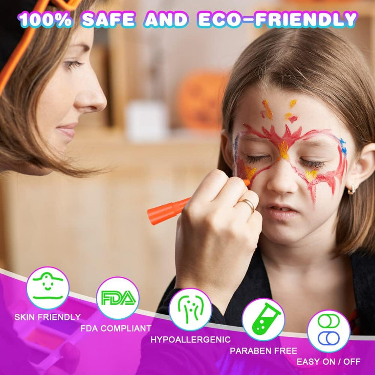 AOOWU Fluorescent Neon Face Paint Crayons Set, 6 Dazzling Colors, Easy-to-Use, Non-Toxic, Safe for Kids & Adults, Perfect for Halloween, Cosplay, Parties - Experience the Brightest Glow under UV Light!