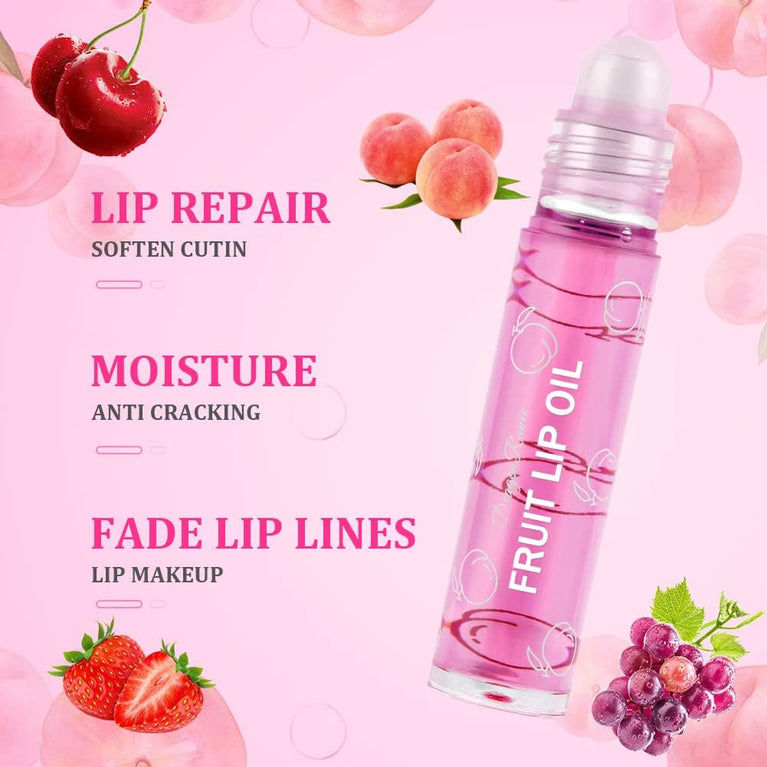 AOOWU 6-Piece Fruit-Flavored Lip Oil Kit - Hydrating, Long-Lasting Plumping Gloss with Roll-On Design (Peach, Orange, Avocado, Strawberry, Grape, Cherry)