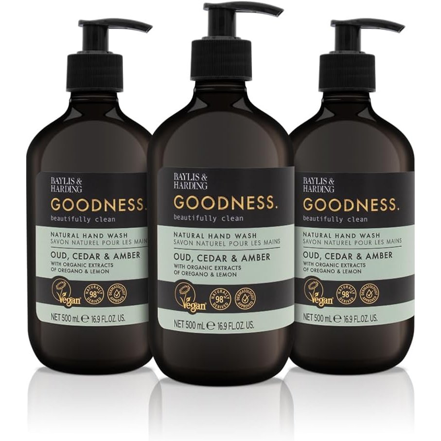 Luxurious Baylis & Harding Goodness Oud, Cedar & Amber Natural Hand Wash, 500 ml (Pack of 3) - Vegan Friendly