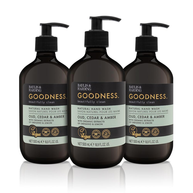 Luxurious Baylis & Harding Goodness Oud, Cedar & Amber Natural Hand Wash, 500 ml (Pack of 3) - Vegan Friendly