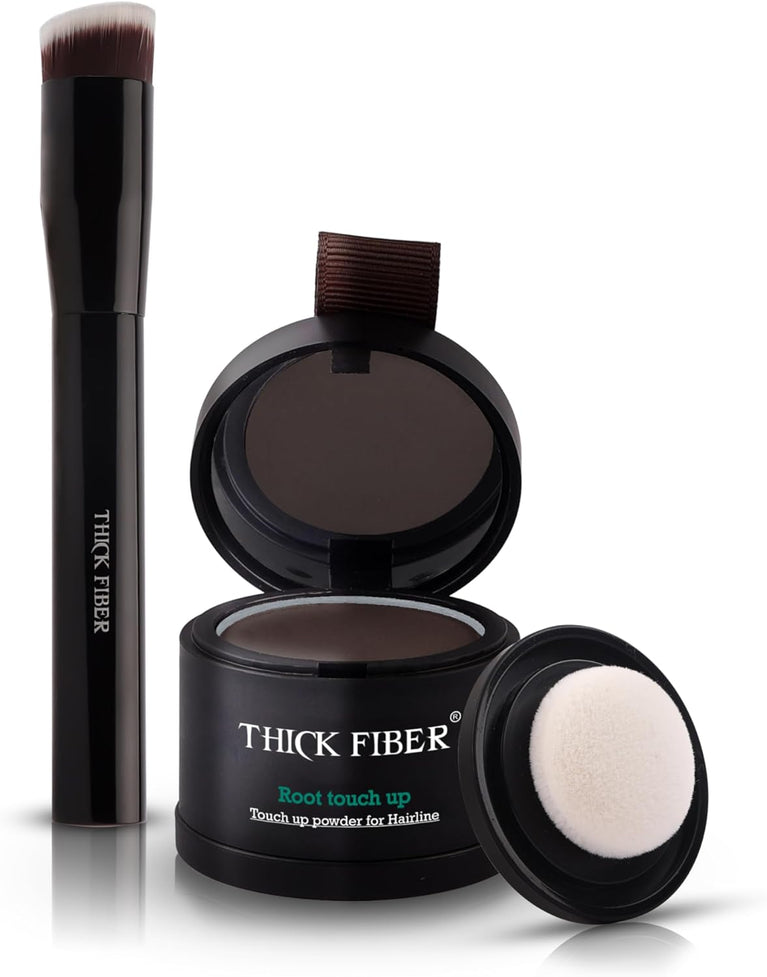 THICK FIBER Root Touch Up Powder, Root Cover Up Hairline Powder for Thin Hair - Water & Sweat Resistant Hair Loss Concealer Set with Hair Powder for Thinning Hair Women, Includes Brush (Dark Brown)
