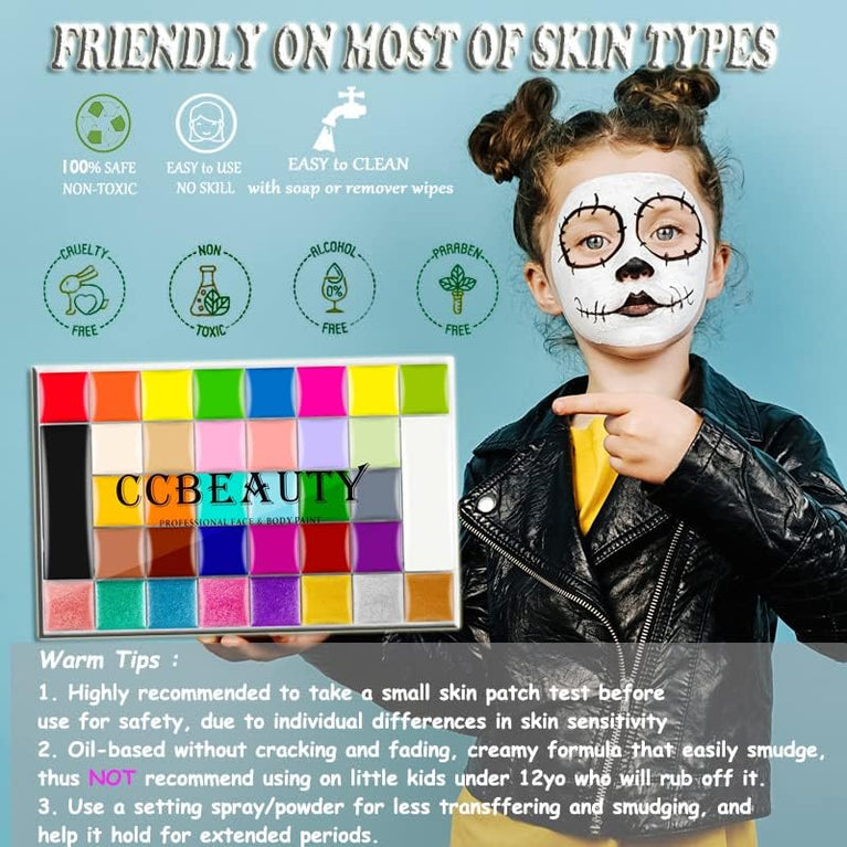 CCbeauty 36-Color Professional Face Paint Kit with Brushes: Oil-Based Halloween Neon Body Paint, Featuring Classic, Metallic and Glow-in-the-Dark Shades, Ideal for SFX and Cosplay
