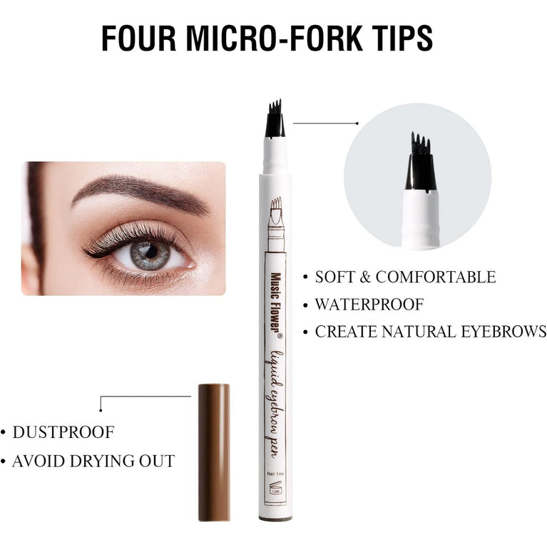 Music Flower 4-Tip Waterproof Eyebrow Pencil in Reddish Brown, Long-Lasting Smudgeproof Brow Pen with Natural Fine Sketch