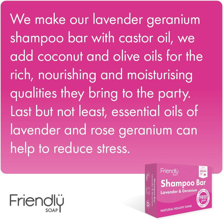 Friendly Soap - Lavender & Geranium Shampoo Bar, Handmade with Coconut & Essential Oils, Vegan, Eco-Friendly, 95g