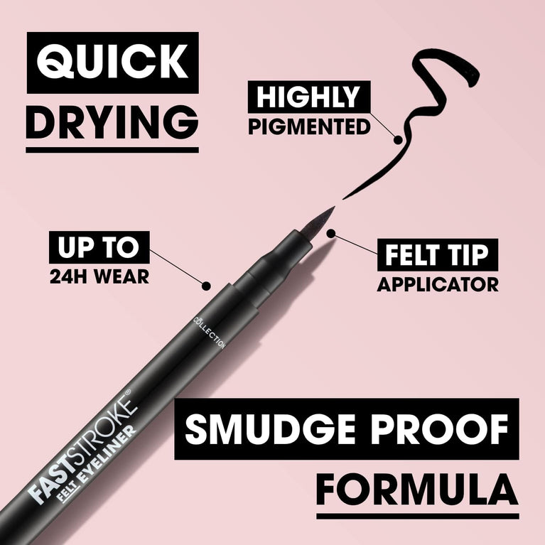 Collection Cosmetics Quick-Dry, Long-Lasting Felt Tip Eyeliner with Precision Fine Tip, Highly Pigmented, 4ml, Black - Vegan Friendly