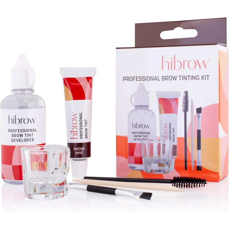Dark Brown Eyebrow Tinting Deluxe Set by Hi Brow - Includes Professional Grade 15ml Tint, 50ml Developer, Application Brush, Mixing Dish, Mascara Wand & Wood Stick