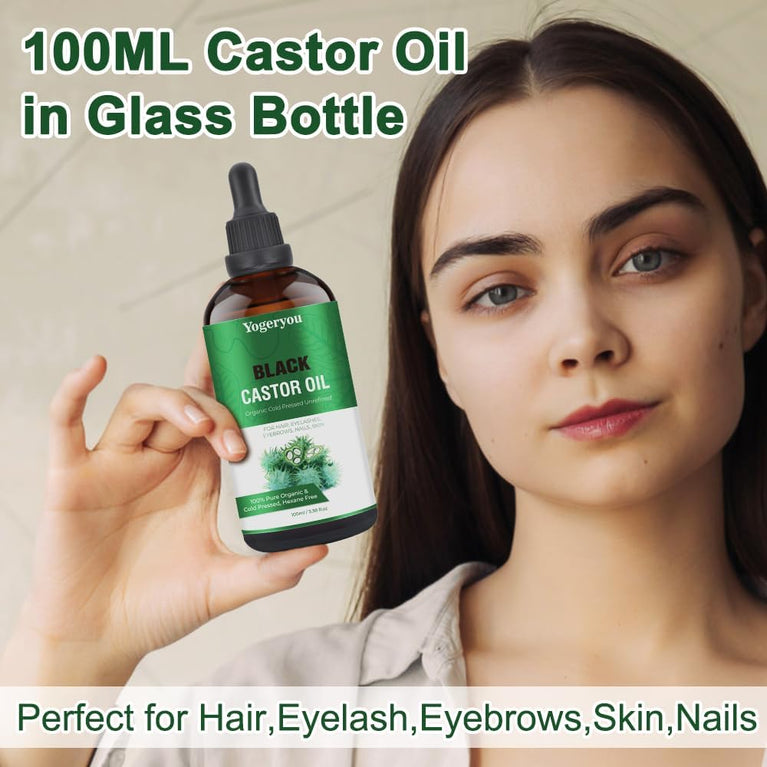 YogerYou Pure Organic Jamaican Black Castor Oil - Cold Pressed, Hexane-free Hair, Skin, Face, Nail & Eyelash Growth Booster in Unrefined Glass Bottle, Comes with Applicator for Thicker Brows & Lashes