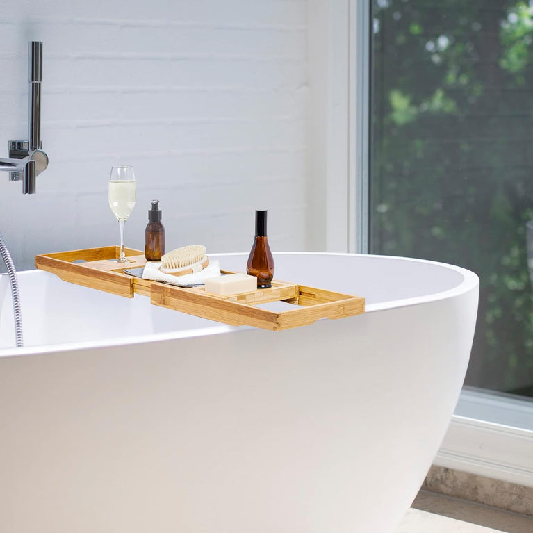 Woodluv Premium Bamboo Bath Tray Caddy with Extendable Arms and Versatile Features