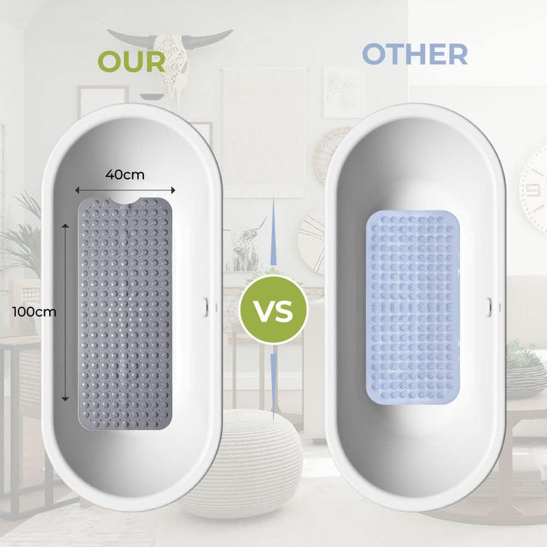 Non-Slip Rubber Bath Mat with Suction Cups and Drain Holes | Machine-Washable Grey Bathtub Mat for Safety and Comfort (100x40 cm)