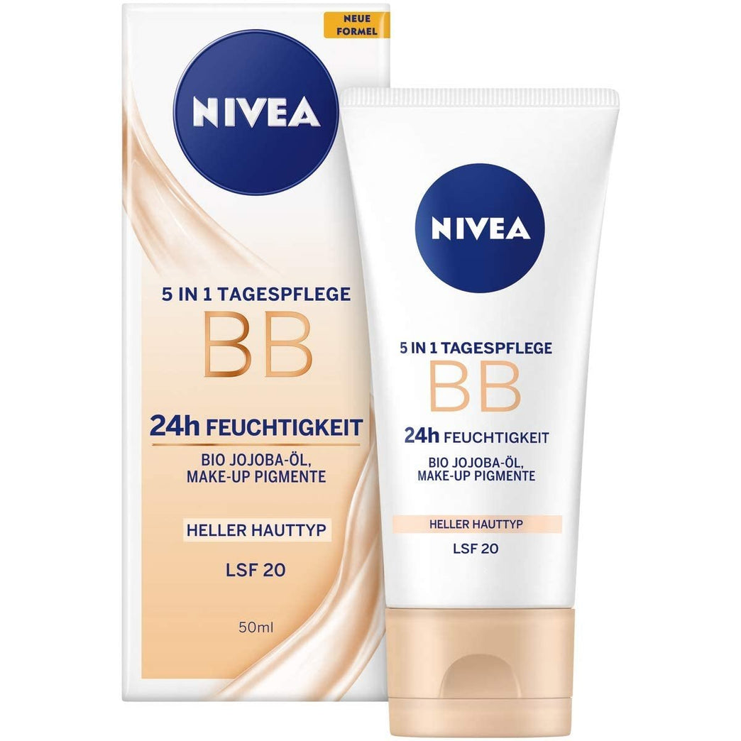 NIVEA 5-in-1 Light Skin Tinted Day Cream with 24h Hydration, SPF 20 Protection, and Organic Jojoba Oil (50 ml)