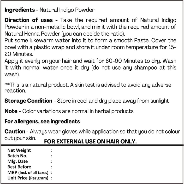 H&C Indigo Powder (Indigofera Tinctoria) - 227g Pack | For Hair Coloring