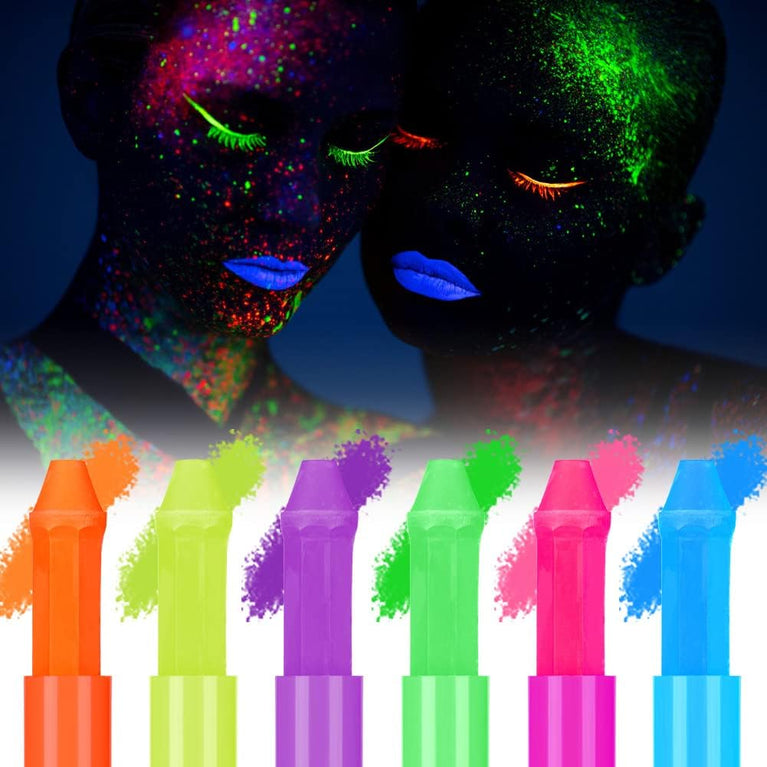 AOOWU Fluorescent Neon Face Paint Crayons Set, 6 Dazzling Colors, Easy-to-Use, Non-Toxic, Safe for Kids & Adults, Perfect for Halloween, Cosplay, Parties - Experience the Brightest Glow under UV Light!
