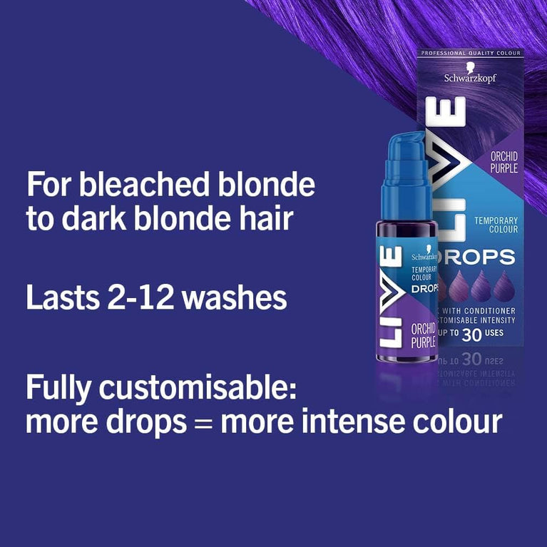 Schwarzkopf LIVE Colour Drops, Vegan, Semi-permanent, Purple Hair Dye, Lasts 2 To 12 Washes, Orchid Purple 30 Ml