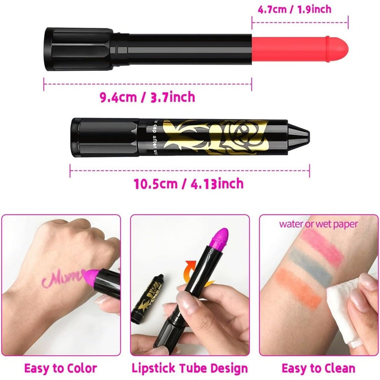 12-Pack UV Reactive Neon Face and Body Paint Crayons with Stencils and Brushes for Glow Parties, Halloween, and Discos