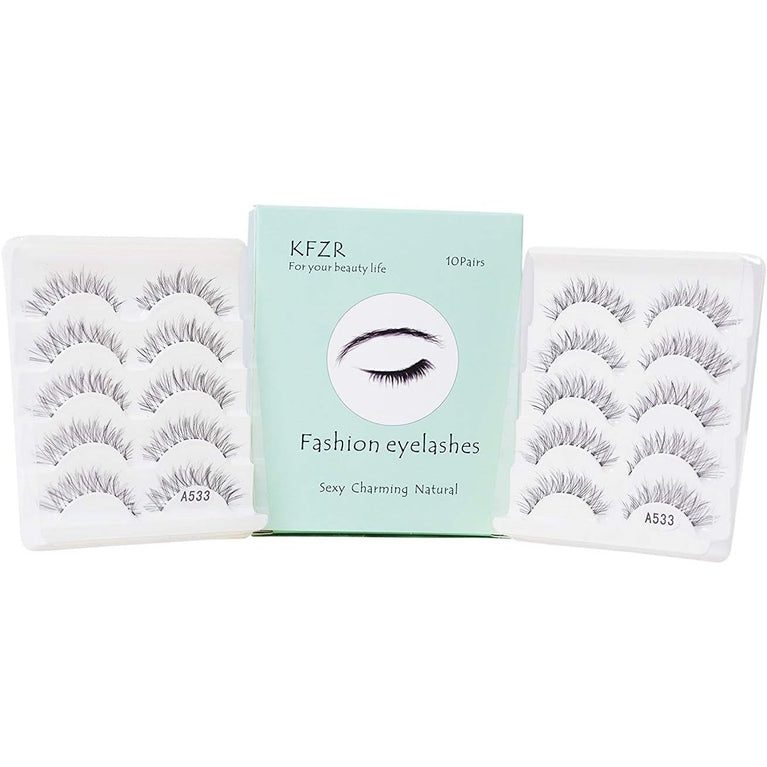 KFZR Handcrafted Synthetic False Eyelashes - 10 Pairs, Natural Look, 3D Crisscross Design, Black, Reusable