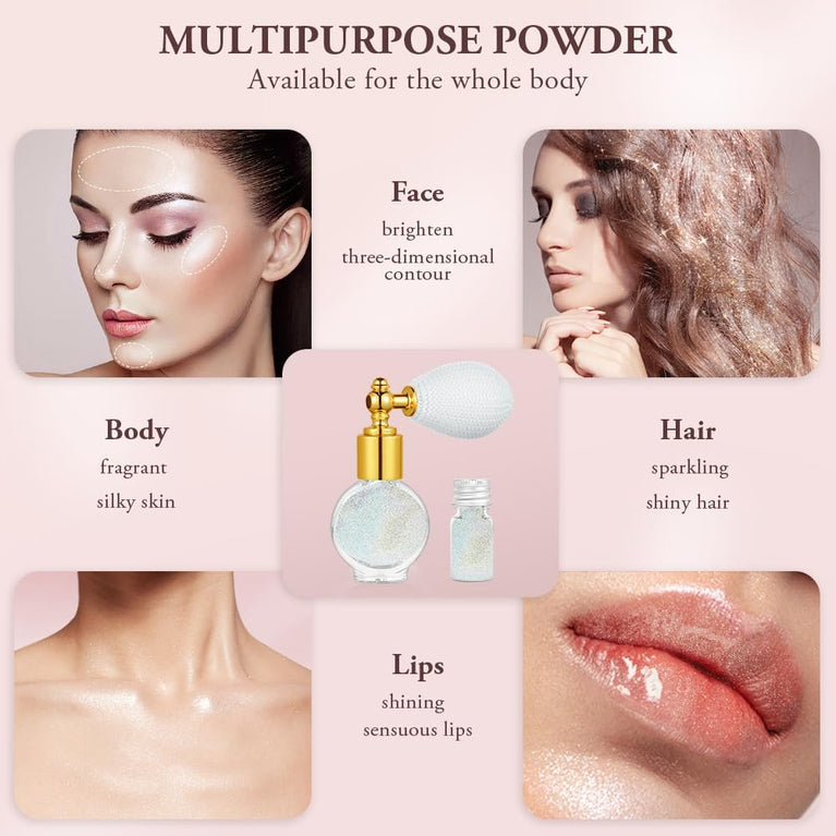 AOOWU Versatile Glitter Powder Spray, Sparkling Silver Body and Hair Highlighter, Compact Shimmer Makeup Spray for Body, Face, and Clothes