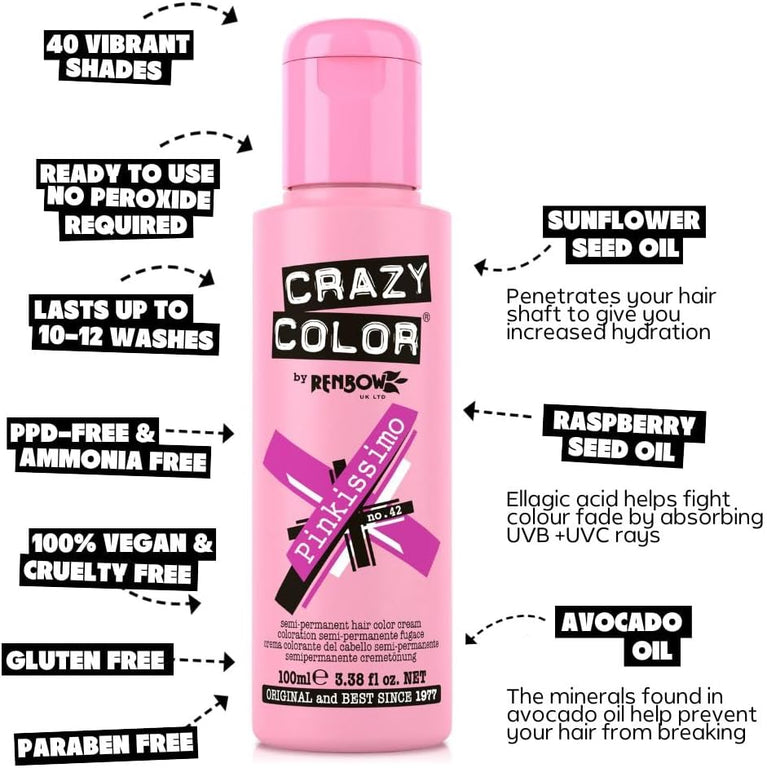 Crazy Color Vibrant Pinkissimo Semi-Permanent Hair Dye Duo. Highly Pigmented Magenta Conditioning & Oil Nourishing Vegan Formula | No Bleach or Ammonia | 200ml