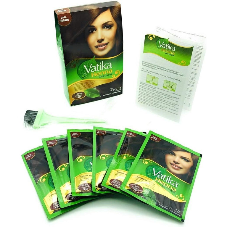 Vatika Henna Dark Brown Hair Colour with Natural Shine & Grey Coverage - Pack of 6 Sachets, 60g