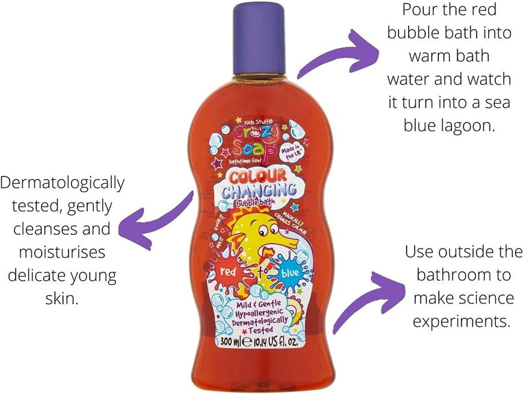 Kids Stuff Crazy Soap Colour Changing Bubble Bath, Red to Blue 300ml for Children's Bath Time Adventure