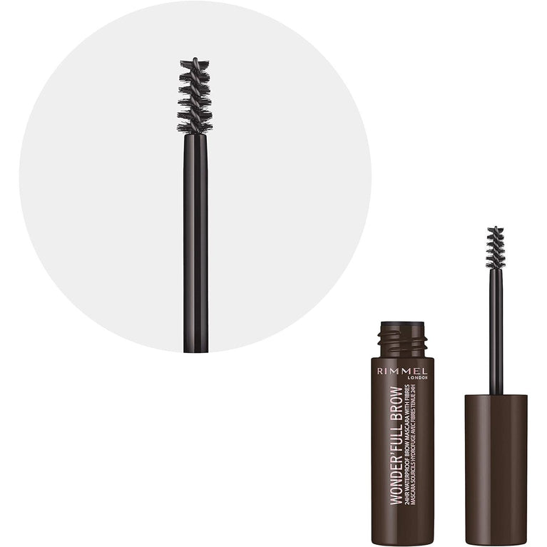 Rimmel London 24HR Wonder'Full Waterproof Brow Gel Mascara with Volumizing Fibres, Nourishing Oils, Dark Shade, 4.5 ml