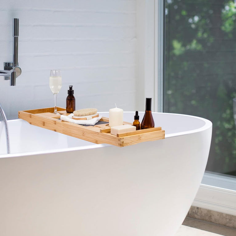 Extendable Bamboo Bath Caddy Tray for Bathtub with Phone and Tablet Slots, Candle Holder, and Soap Organizer