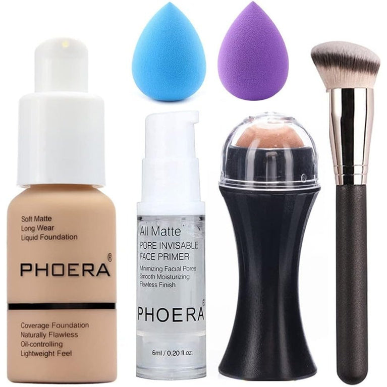 Ultimate 6-in-1 Matte Liquid Foundation Kit with Volcanic Oil-Control Rollers and Face Primer